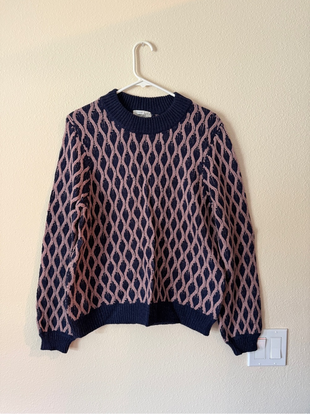 Urban Outfitters Navy and Blush Geometric Knit Crewneck Sweater